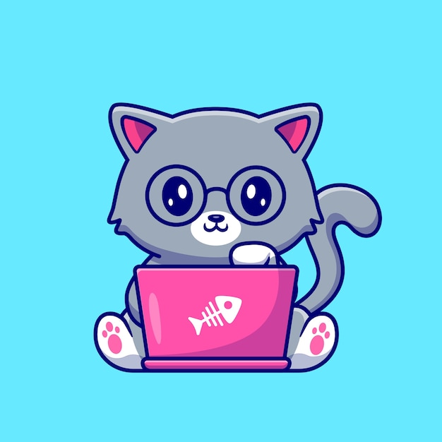 Vecteur chat mignon travaillant sur l'illustration de vecteur de dessin animé pour ordinateur portable. concept de technologie animale isolé vecteur premium. style de bande dessinée plat