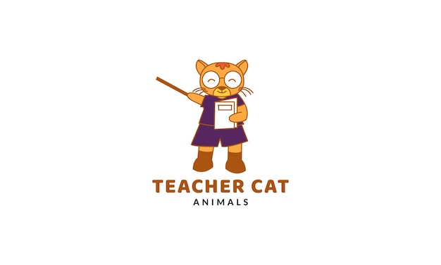 Chat Ou Minou Ou Chaton Ou Animal De Compagnie En Tant Qu'enseignant Illustration Vectorielle De Logo De Dessin Animé Mignon