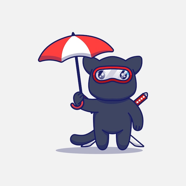 Chat Ninja Mignon Portant Un Parapluie