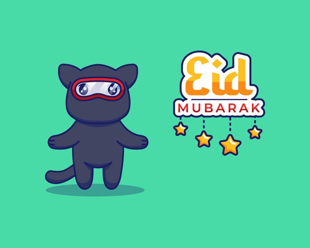 Chat Ninja Mignon Avec Voeux Eid Mubarak