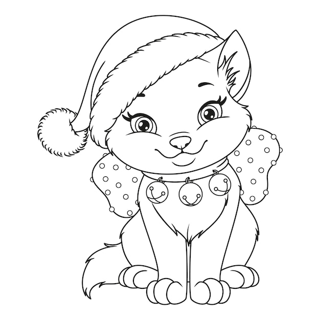 Chat De Noël Avec Bonnet De Noel Coloriage