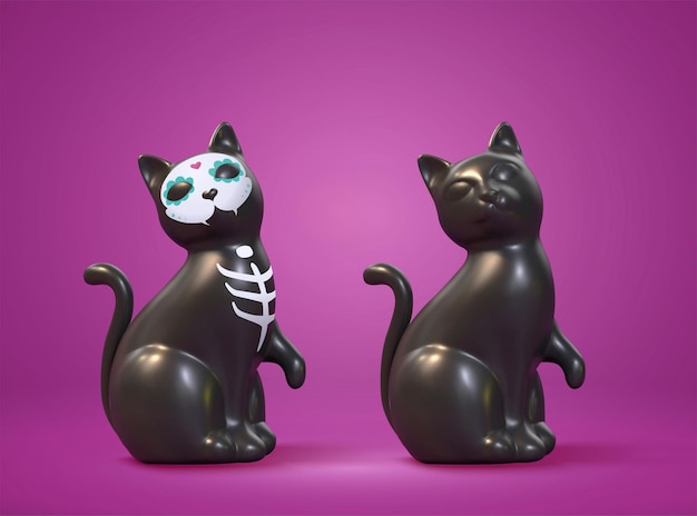 Vecteur chat noir 3d sur fond violet un chat avec un masque de crâne de sucre et l'autre sans éléments adaptés à dia de los muertos et à la sorcière d'halloween familière