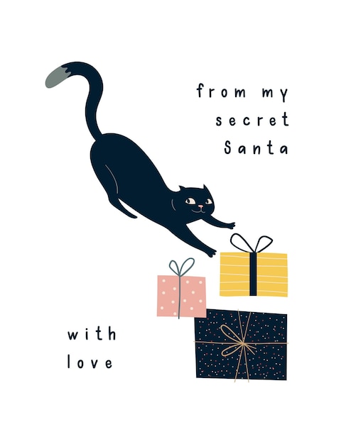 Chat Noir Avec Des Cadeaux. Illustration De Noël Et Du Nouvel An, Carte De Voeux