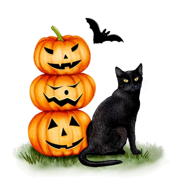 Vecteur chat noir et citrouille d'halloween