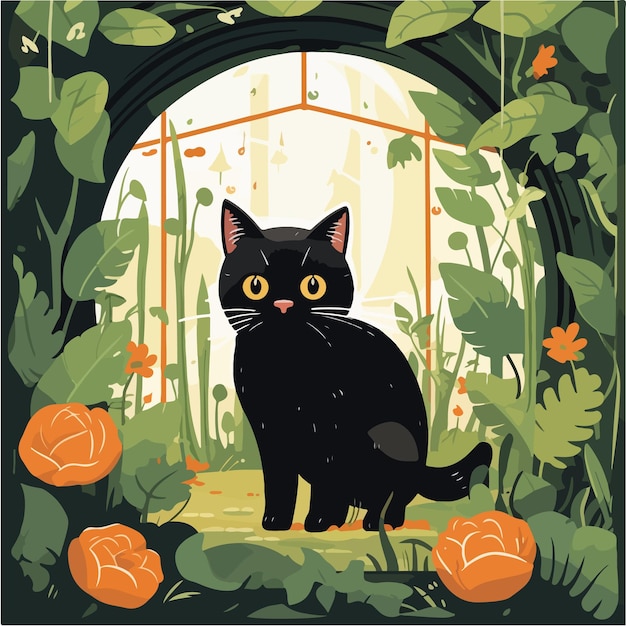 Un chat noir dans des feuilles vertes