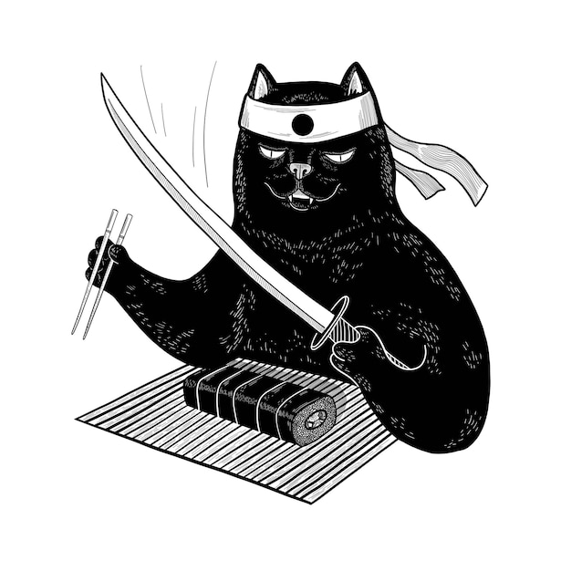 Chat Noir Japonais Mangeant Des Sushis Avec Des Baguettes. Chat Samouraï De Vecteur Avec Katana Pour La Conception, T-shirt, Impression, Affiche