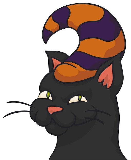 Vecteur chat noir magique portant un chapeau de sorcier dépouillé isolé sur fond blanc