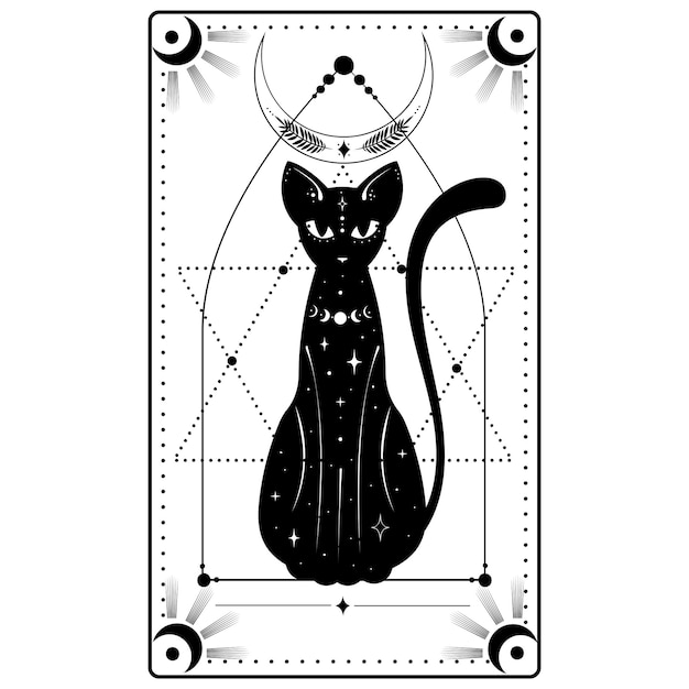 Vecteur chat noir mystique lune soleil herbe étoiles symboles ésotériques logo de tatouage