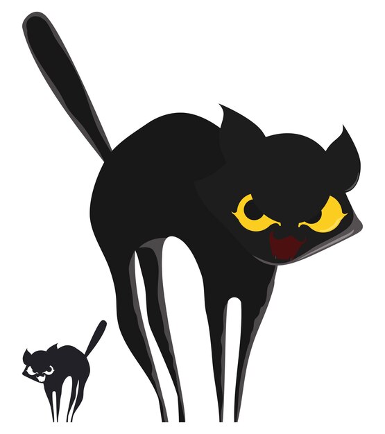 Vecteur chat noir avec une posture effrayée et une forme stylisée en version couleur et silhouette