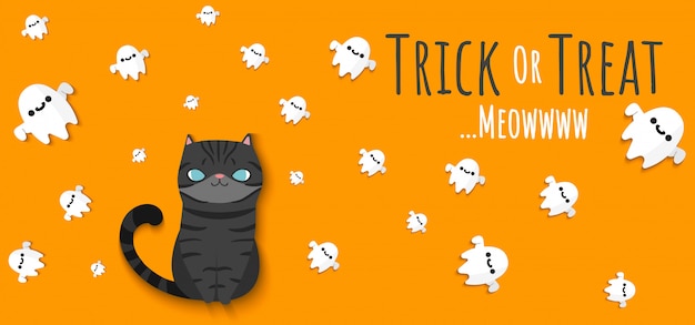 Vecteur chat noir à la recherche d'esprit de fantômes volants avec lettrage bannière trick or treat