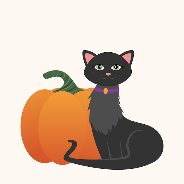 Vecteur chat noir avec sa citrouille d'halloween