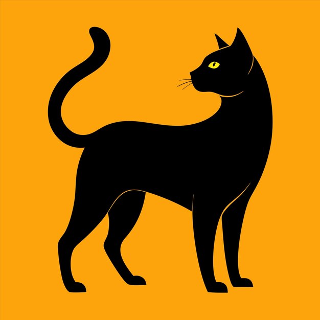 un chat noir avec des yeux jaunes et une queue noire