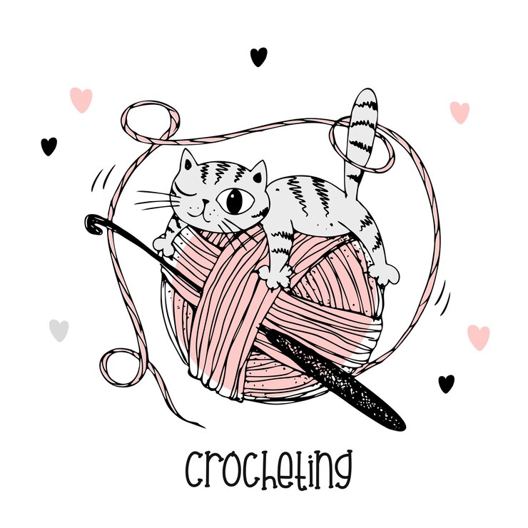 Un chat sur une pelote de laine. Logo au crochet. Vecteur
