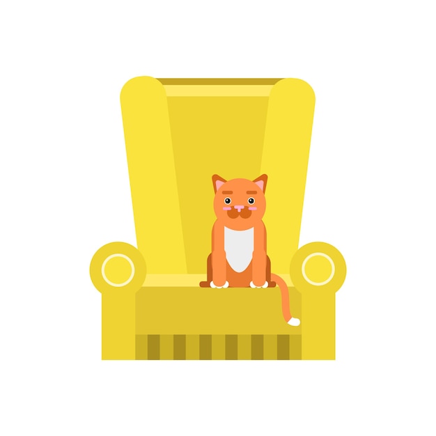 Vecteur chat roux mignon assis sur un fauteuil jaune, vecteur de dessin animé au repos animal domestique illustration sur fond blanc