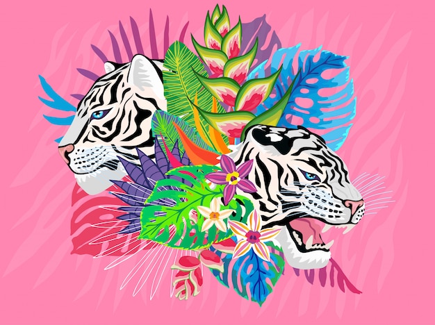 Chat Sauvage Tête De Tigre Blanc Dans La Jungle Colorée. Dessin De Fond De Feuilles Tropicales De La Forêt Tropicale. Illustration D'art De Caractère De Rayures De Tigre Rose