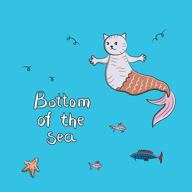 Chat sirène dans la nature de la mer Joli personnage d'un chaton avec une queue en forme de poisson Petites algues de poisson