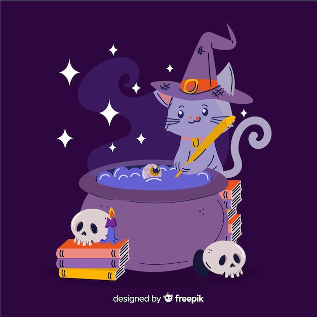 Chat De Sorcière Halloween Dessiné à La Main