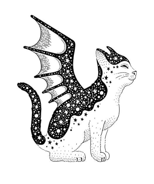 Vecteur chat sorcière magique avec des ailes chat gothique avec un dragon et un élément de chauve-souris tatouage d'art d'anime animal d'halloween