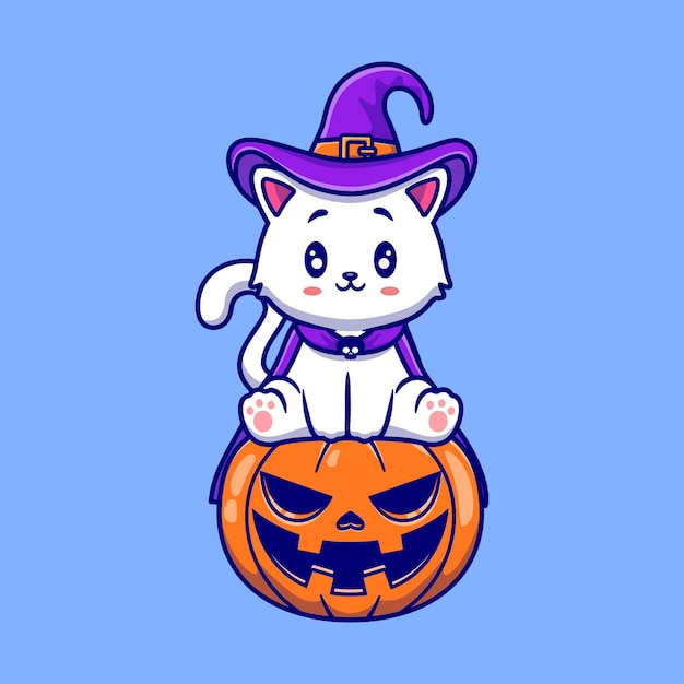 Chat de sorcière mignon assis sur citrouille Halloween Illustration