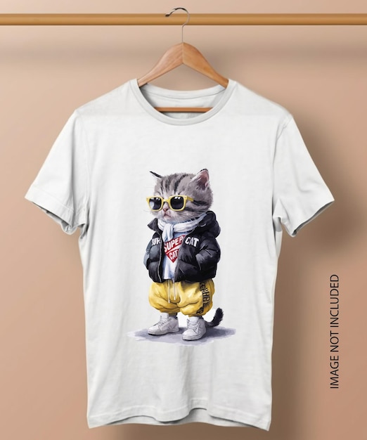 Vecteur un chat stylé et abstrait avec des lunettes, un t-shirt peint et imprimé.