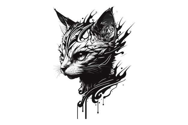 chat tatouage illustration vectorielle noir et blanc