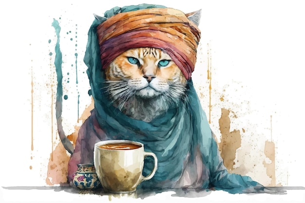 Chat Turc Avec Une Tasse De Café Chat Musulman Avec Turban Illustration Vectorielle à L'aquarelle Pour Les Cafés