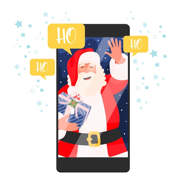 Vecteur chat vidéo avec le père noël sur une illustration de concept de smartphone