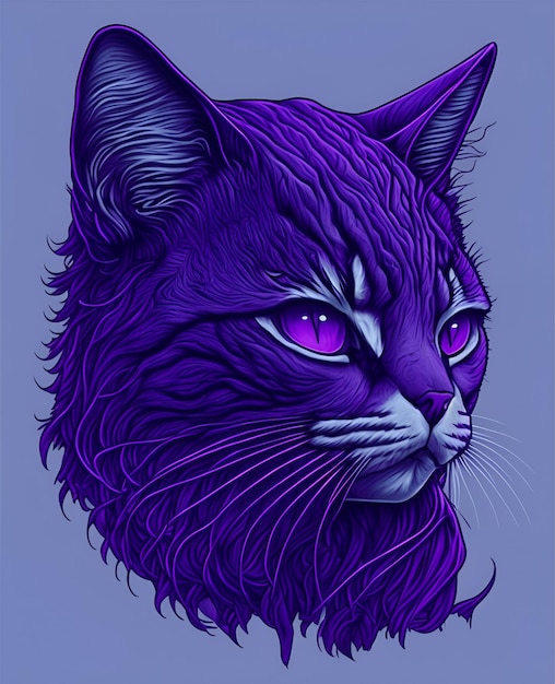 Un chat violet aux yeux violets est sur un fond bleu.