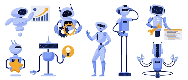Chatbot avec des personnages d'intelligence artificielle bleus robots avancés avec divers gestes et objets