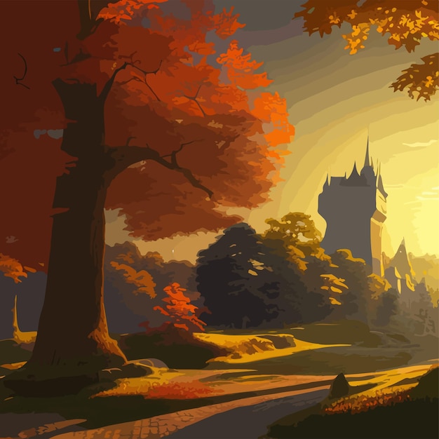 Un château au sommet d'une colline entourée d'arbres paysage d'automne sur une illustration vectorielle de journée ensoleillée