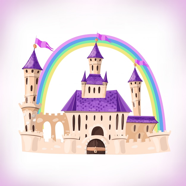 Vecteur château de conte de fées. château de dessin animé. palais de conte de fées fantastique avec arc-en-ciel. illustration.