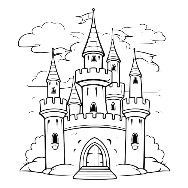 Château de contes de fées illustration vectorielle en noir et blanc pour livre à colorier