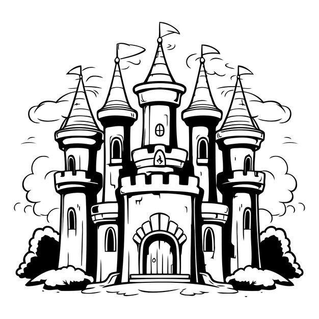 Château de contes de fées illustration vectorielle en noir et blanc pour livre à colorier