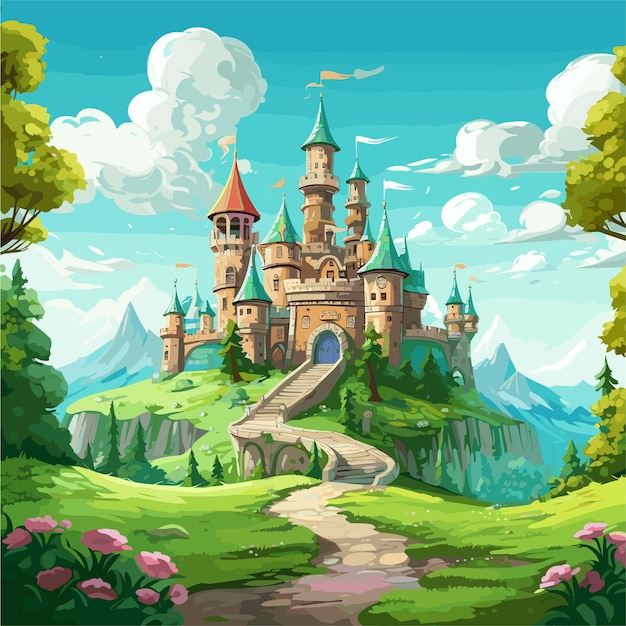 Vecteur un château de dessin animé avec un chemin vers le conte d'entrée conte de fées fée royale bois fantastiques