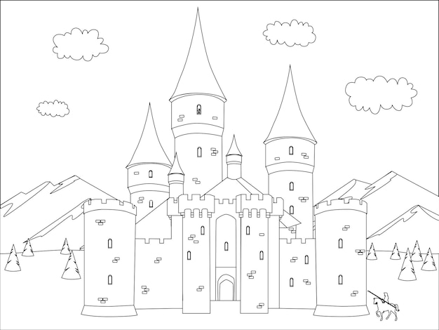 Château Fantastique Dans Les Montagnes. Illustration Vectorielle Noir Et Blanc Pour Cahier De Coloriage