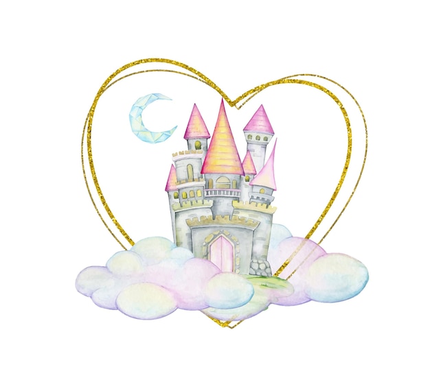 Château De Fées Nuages Cadre Doré Clipart Aquarelle En Style Cartoon Sur Un Fond Isolé