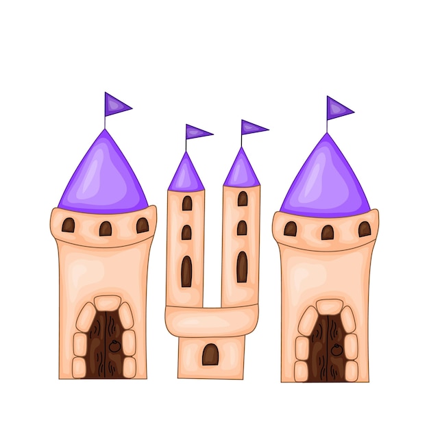 Châteaux Aux Toits Colorés En Style Cartoon Sur Fond Blanc. Illustration Vectorielle.