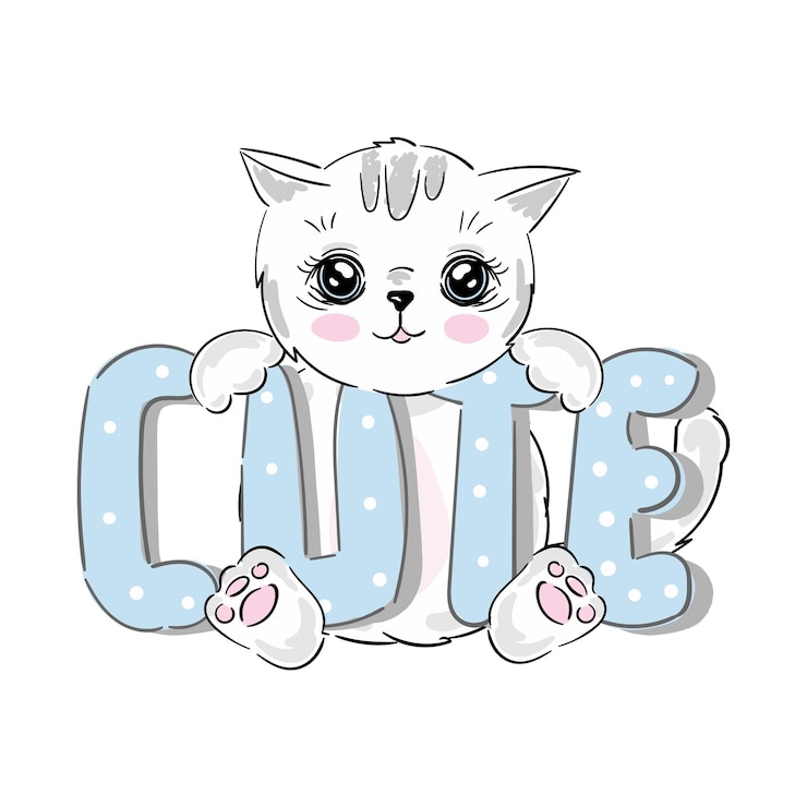 Vecteur chaton blanc de dessin animé mignon avec texte de slogan bleu mignon