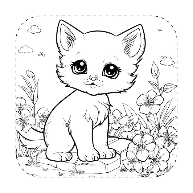 Vecteur un chaton curieux explore le jardin illustration de livre à colorier