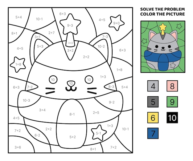 Chaton à l'écharpe Résolvez le problème Colorez l'image Addition Soustraction Livre à colorier Vector