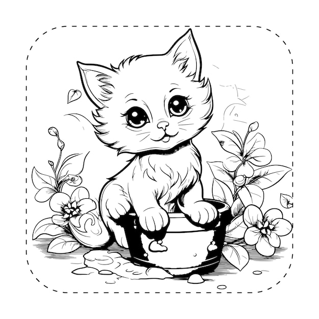 Vecteur un chaton joyeux parmi les fleurs du jardin illustration de livre à colorier