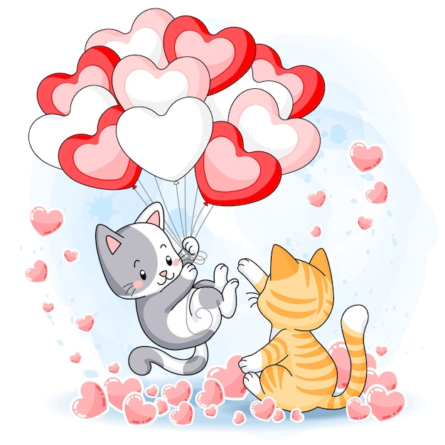 Vecteur chaton mignon et ballon coeur