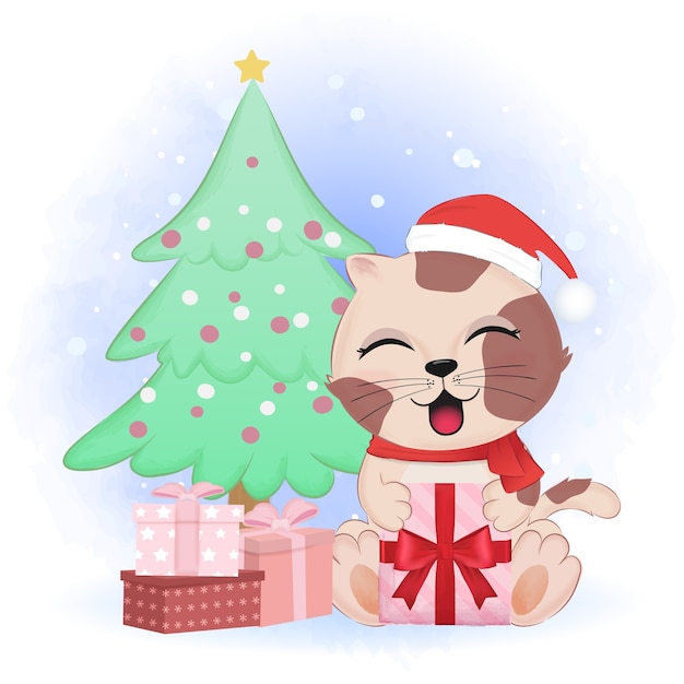 Chaton Mignon Avec Boîte-cadeau Et Pin, Illustration De La Saison De Noël.