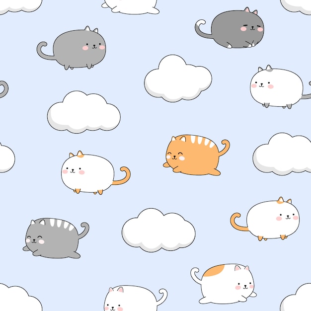 Chaton Mignon Chat Grassouillet Sur Le Modèle Sans Couture Doodle De Dessin Animé Ciel