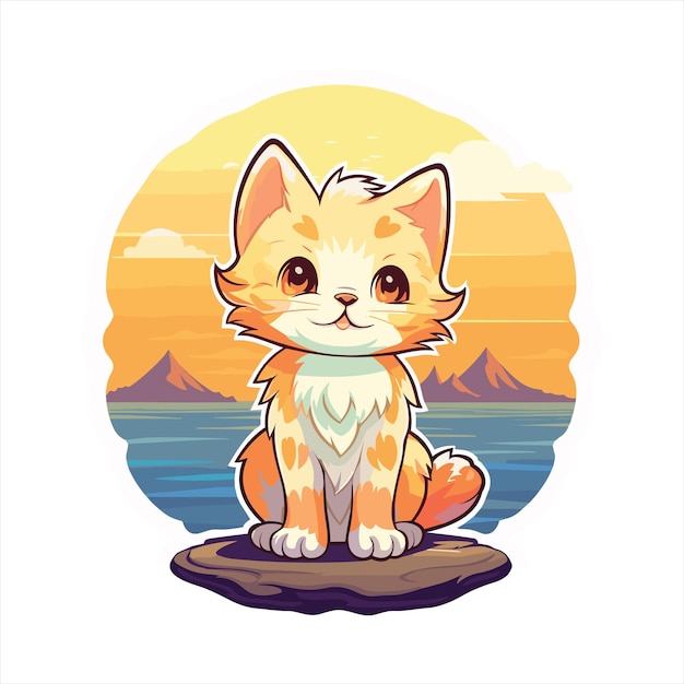 Chaton Mignon Et Drôle De Dessin Animé Kawaii Aquarelle Plage été Coucher De Soleil Animal étiquette Pour Animaux De Compagnie Illustration