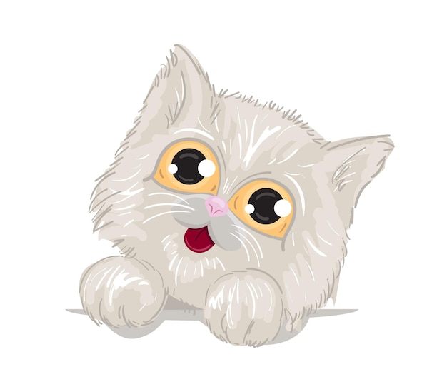 Vecteur chaton mignon avec de grands yeux magnifiques et des jambes moelleuses. chat blanc, un modèle pour une impression sur des vêtements. illustration vectorielle.