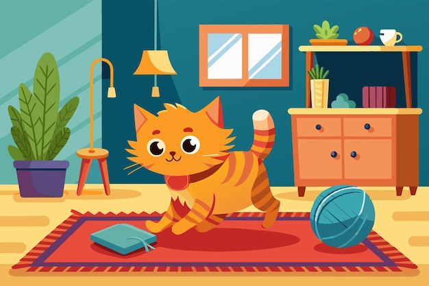 Un chaton orange moelleux poursuit une boule de fil à travers un tapis de salon coloré