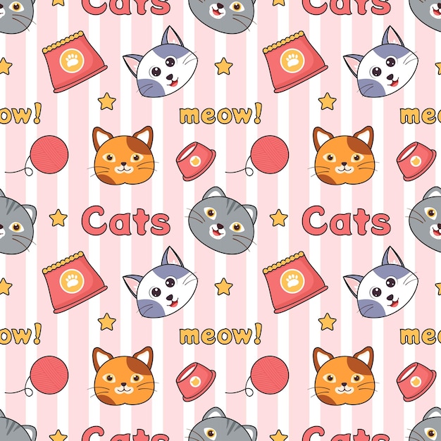 Chats Animaux Seamless Pattern Design avec élément de chat dans le modèle Cartoon Illustration plate