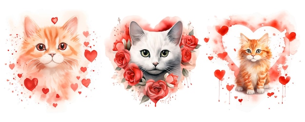 Vecteur des chats à l'aquarelle clipart avec des cœurs et des fleurs