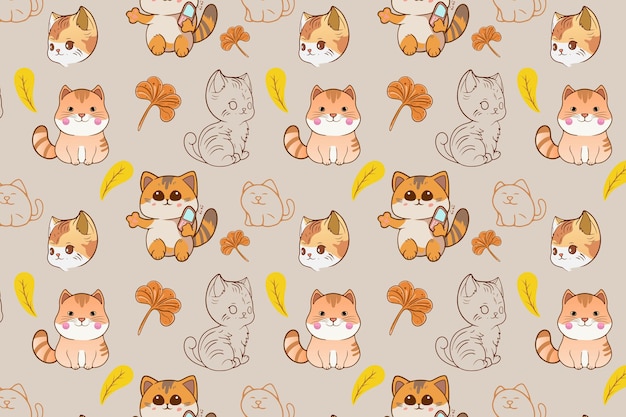 Chats Ou Chatons Kawaii Mignons Dans Des Poses Drôles Vecteur Modèle Sans Couture Chats Gras Drôles De Bande Dessinée Pour Impression